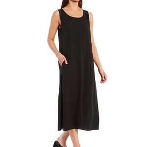 NWT Eileen Fisher Silk Georgette Crepe Scoop Neck Dress, black, XXS